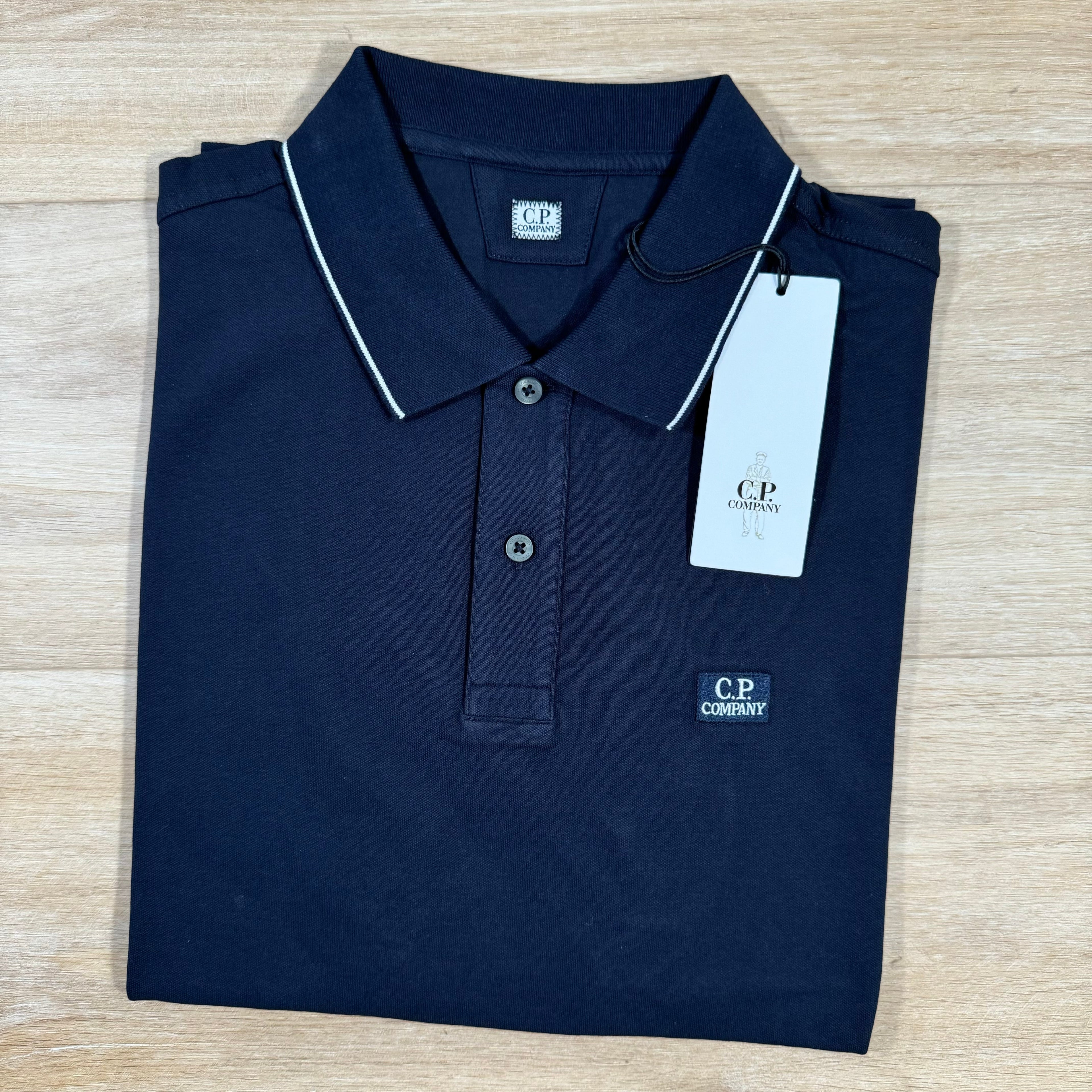 CP Company Stretch Piquet Striped Collar Polo Shirt in Navy