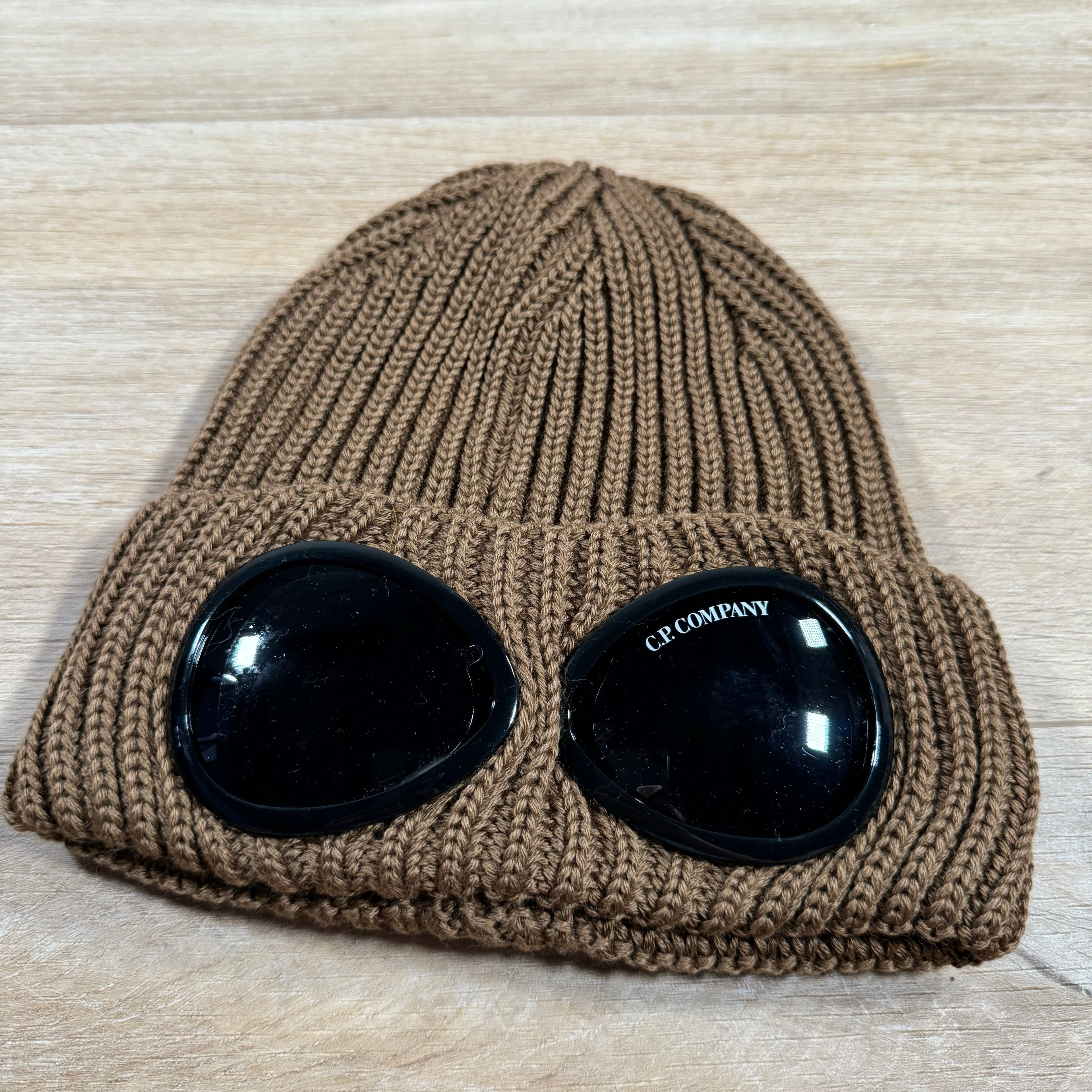 CP Company Extra Fine Merino Wool Goggle Beanie in Toffee
