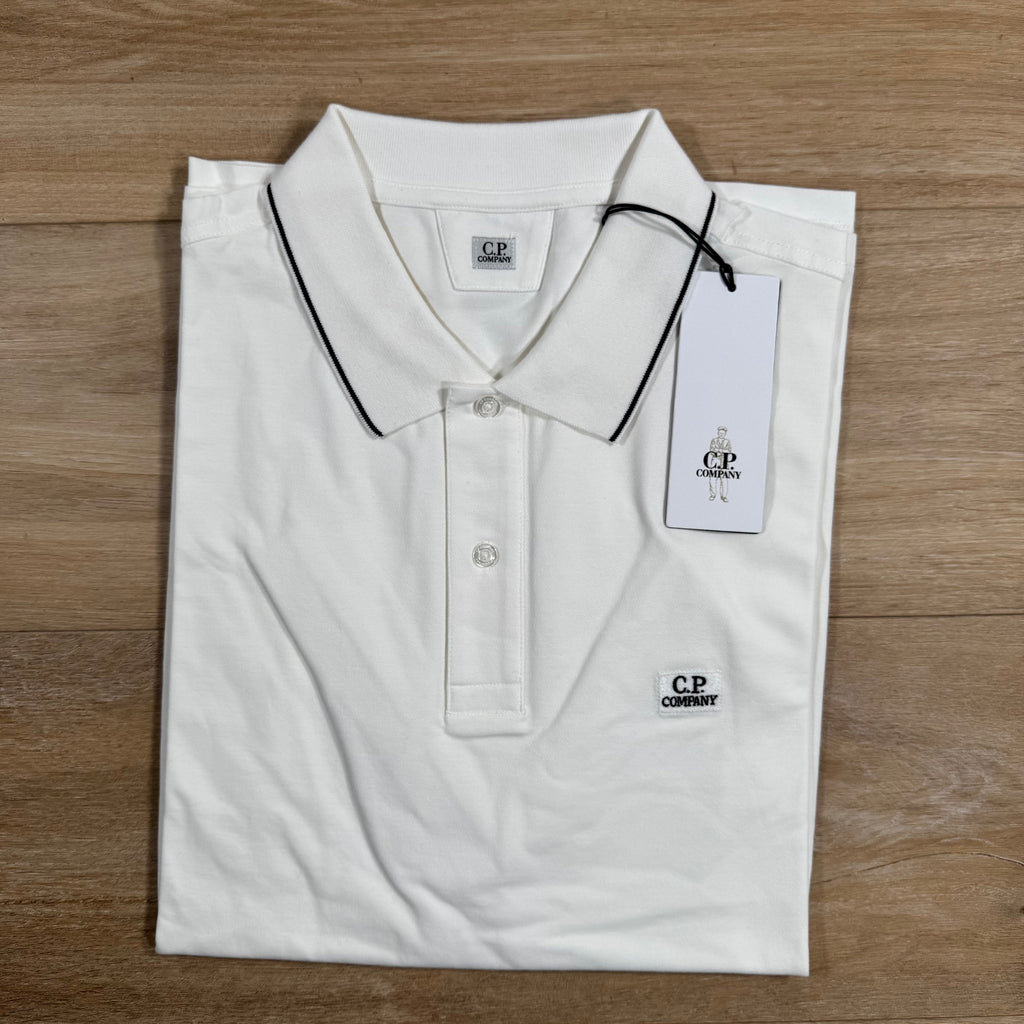CP Company Stretch Piquet Striped Collar Polo Shirt in Gauze White