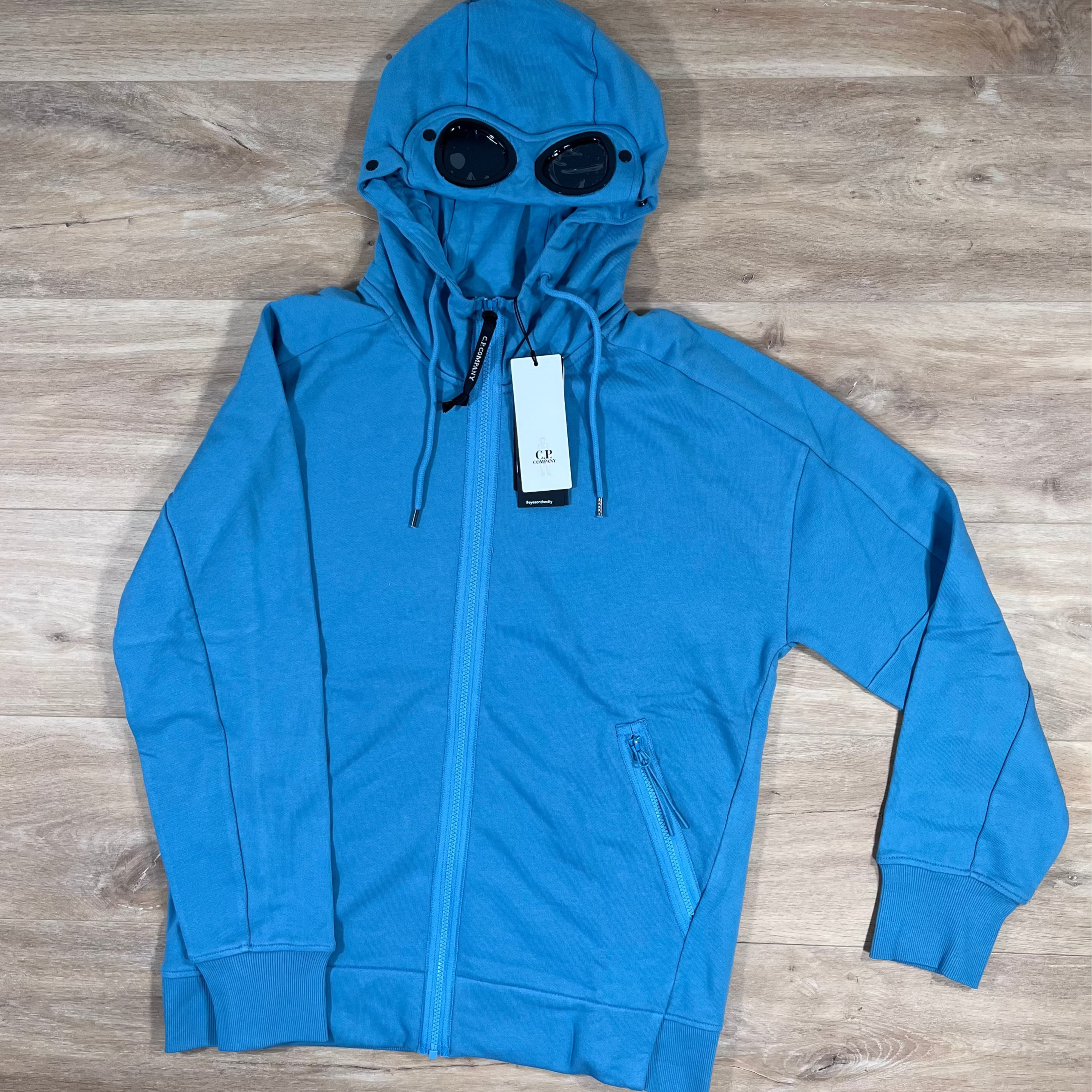 CP Company Diagonal Raised Fleece Goggle Hoodie in Aegean Blue