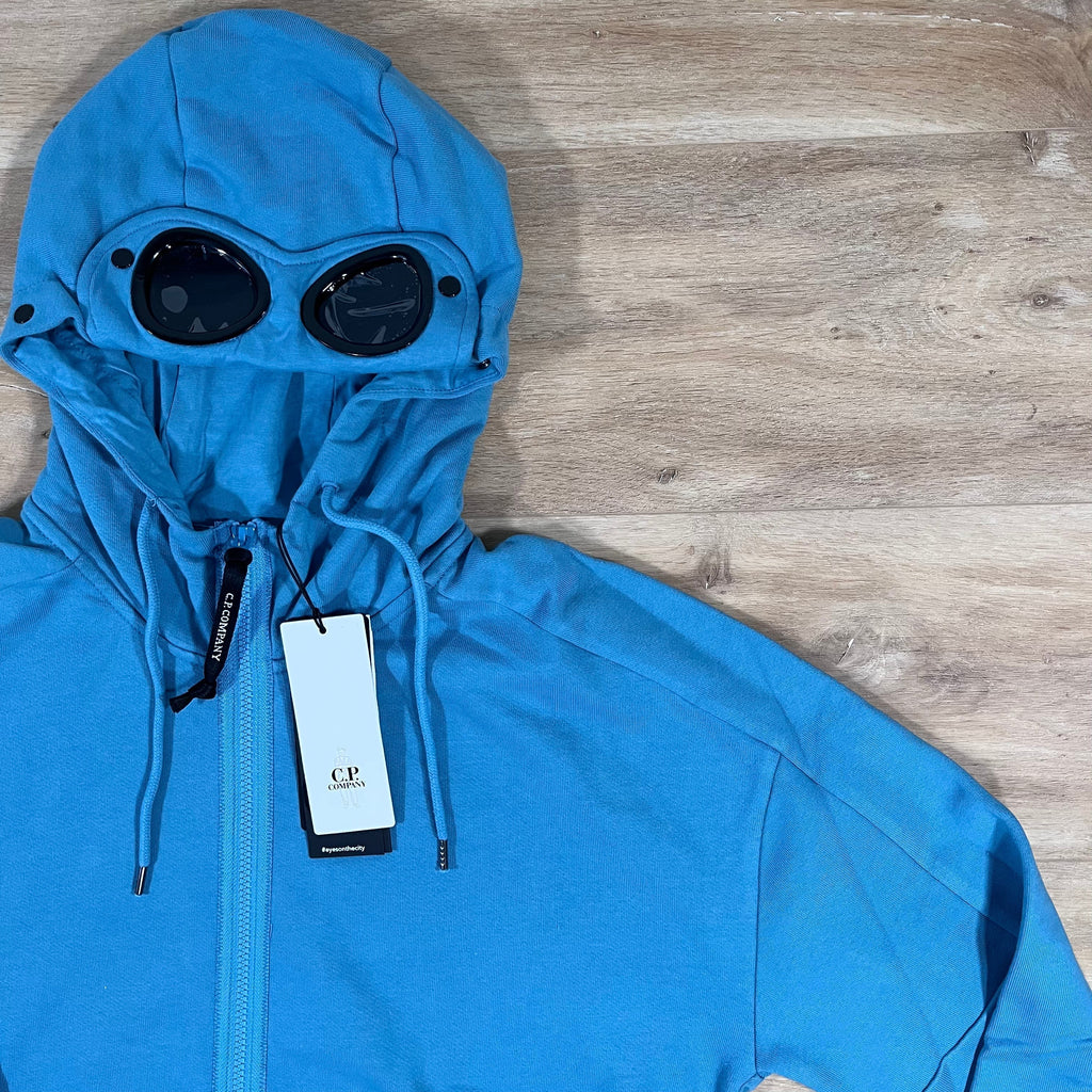 CP Company Diagonal Raised Fleece Goggle Hoodie in Aegean Blue