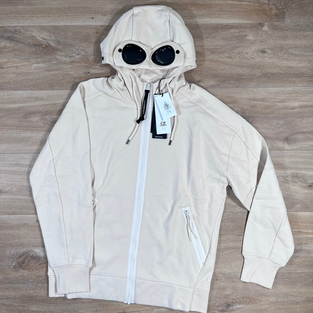 CP Company Diagonal Raised Fleece Goggle Hoodie in Pistachio Shell